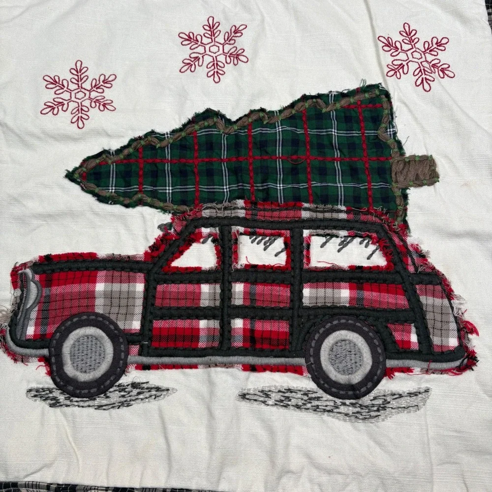 Pottery Barn Christmas Tree Woody Wagon Plaid Applique Pillow Cover 20x20 Rustic